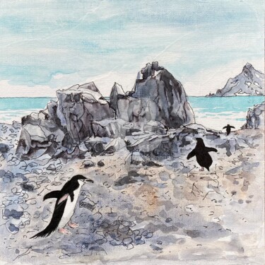 Peinture intitulée "(11)  Manchots à ju…" par Anne-Marie Mary, Œuvre d'art originale, Aquarelle Monté sur Autre panneau rigi…