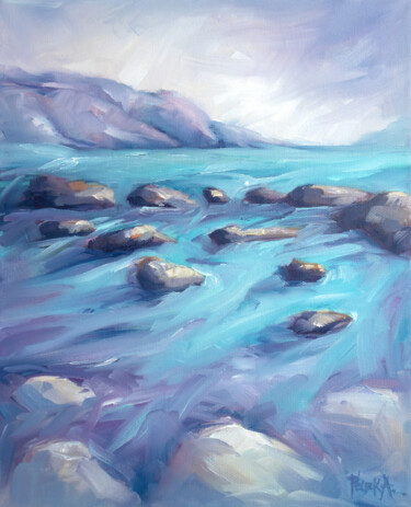 Painting titled "Beach Rocks" by Adrienn Pécsek, Original Artwork, Oil Mounted on Wood Stretcher frame