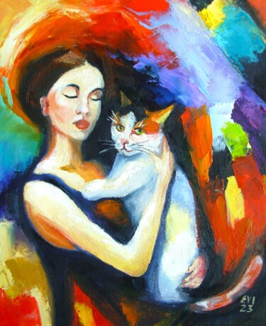 Girl with cat Portrait Original oil painting on canvas board Pittura intitolato "Girl with cat Portr…" da Elena Ivanova, Opera d'arte originale, Olio Montato su Cartone