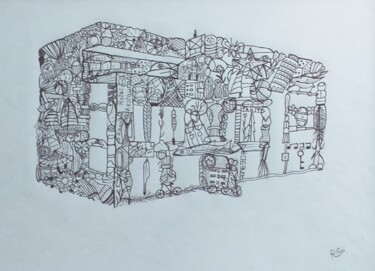 Immeuble rempli de petits dessins évoquant des souvenirs.. Dessin intitulée "Immeuble rempli de…" par Roselyne Quinchon/Creff, Œuvre d'art originale, Crayon