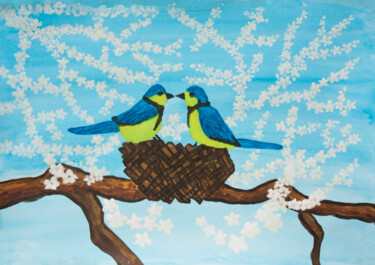 Two birds on nest with little white flowers on blue 绘画 标题为“Two birds on nest w…” 由Irina Afonskaya, 原创艺术品, 水彩