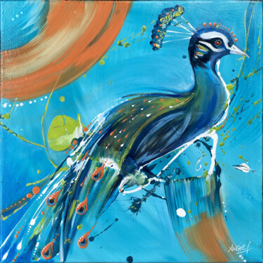 Schilderij getiteld "L'orgueil du paon" door Angie F., Origineel Kunstwerk, Acryl