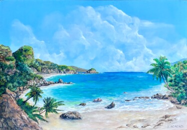 「le lagon」というタイトルの絵画 Jacques Moncho (Art d'antan)によって, オリジナルのアートワーク, オイル ウッドストレッチャーフレームにマウント