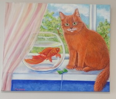 绘画 标题为“Cat cat and fish” 由Tatiana Shirova, 原创艺术品, 油 安装在木质担架架上