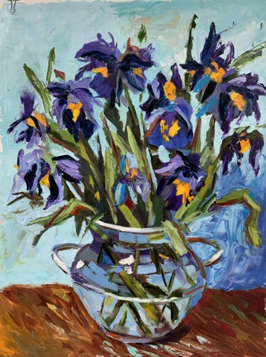 "IRISES. FLOWERS. IN…" başlıklı Tablo Vita Schagen tarafından, Orijinal sanat, Petrol Ahşap Sedye çerçevesi üzerine monte ed…