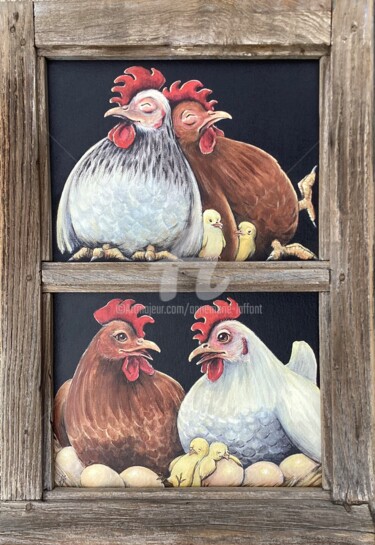 Les poules et poussins Painting titled "Les poules et pouss…" by Annemarie Laffont, Original Artwork, Acrylic