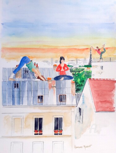Yoga sur les toits 제목이 "Yoga sur les toits"인 미술작품 Florence Mignot로, 원작, 수채화