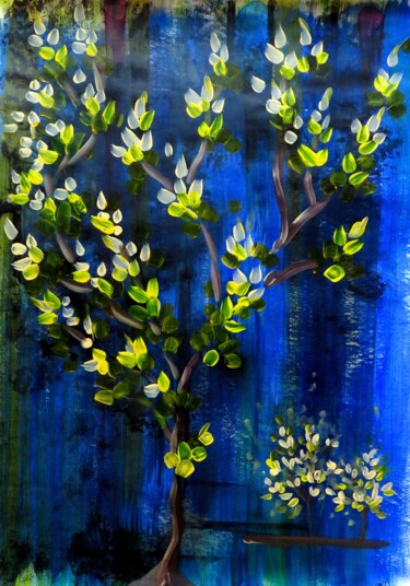Soir de printemps avant la pluie - arbre paysage - Painting titled "Soir de printemps a…" by Clau Redier-Clément, Original Artwork, Acrylic