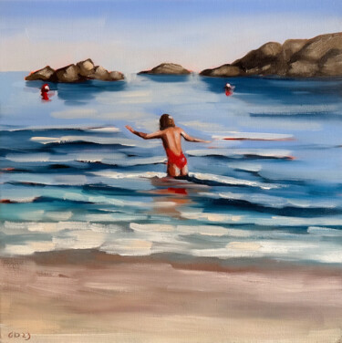 Swimming in Ocean Waves - Woman on California Beach Painting Peinture intitulée "Swimming in Ocean W…" par Daria Gerasimova, Œuvre d'art originale, Huile Monté sur Châssis en bois