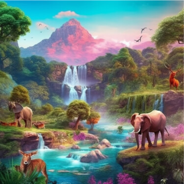 Digitale Kunst mit dem Titel "Landscape with anim…" von Guze, Original-Kunstwerk, KI-generiertes Bild