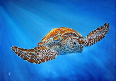 Turtle. Underwater animals. Pittura intitolato "Turtle. Underwater…" da Viktoriya Filipchenko, Opera d'arte originale, Olio Montato su Telaio per barell…