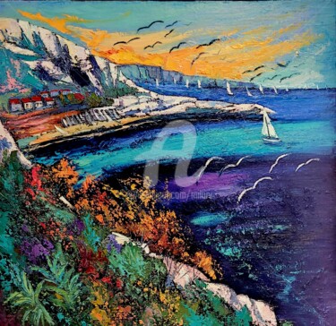 Painting titled "Calanque entre Mars…" by Milorv, Original Artwork, Oil