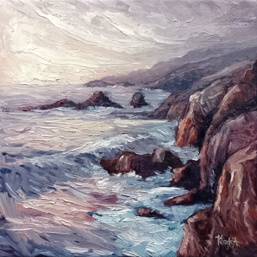 Painting titled "California Sunset" by Adrienn Pécsek, Original Artwork, Oil Mounted on Wood Stretcher frame