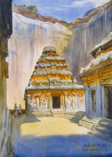 Mountain had a Dream, Ellora caves 5 Painting titled "Mountain had a Drea…" by Bhargavkumar Kulkarni, Original Artwork, Watercolor