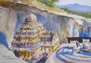 Mountain had a Dream, Ellora caves 6 Painting titled "Mountain had a Drea…" by Bhargavkumar Kulkarni, Original Artwork, Watercolor