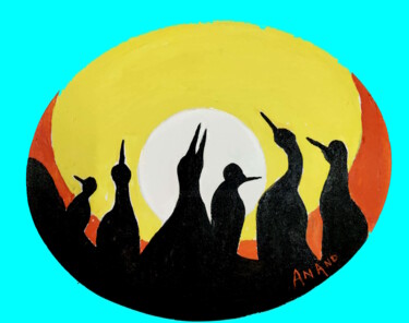 绘画 标题为“PELICANS AND SUN” 由Anandswaroop Manchiraju, 原创艺术品, 丙烯