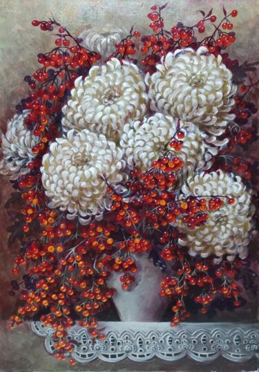 绘画 标题为“Белые хризантемы” 由Tatiana Shmakova, 原创艺术品, 丙烯 安装在木质担架架上