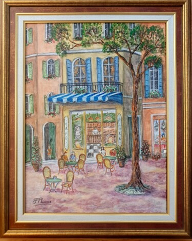「Café Flora」というタイトルの絵画 Jean-Pierre Loubinouxによって, オリジナルのアートワーク, アクリル ウッドストレッチャーフレームにマウント