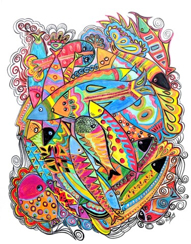 poisson sur papier2 Peinture intitulée "poisson sur papier2" par Anne Cabon, Œuvre d'art originale, Acrylique