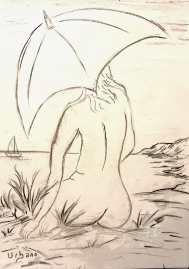 Nu à l' ombrelle Dessin intitulée "Nu à l' ombrelle" par Roberto Urbano, Œuvre d'art originale, Fusain