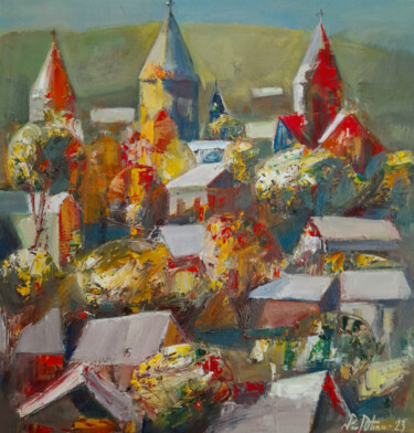 Autumn in the village 50x50cm, oil painting, palette knife Peinture intitulée "Autumn in the villa…" par Mateos Sargsyan, Œuvre d'art originale, Huile Monté sur Châssis en bois