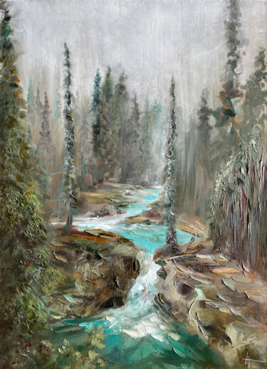 绘画 标题为“FOREST RIVER” 由Anna Gurechkina, 原创艺术品, 油 安装在木质担架架上