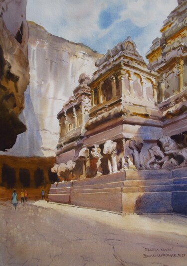 Mountain had a Dream, Ellora caves 8 Painting titled "Mountain had a Drea…" by Bhargavkumar Kulkarni, Original Artwork, Watercolor