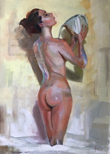 Malerei mit dem Titel "Die Badende" von Arne Groh, Original-Kunstwerk, Öl Auf Keilrahmen aus Holz montiert