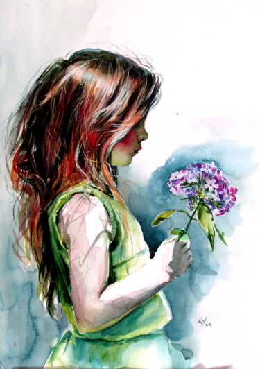 Little girl with purple flower Malerei mit dem Titel "Little girl with pu…" von Anna Brigitta Kovacs (KAB), Original-Kunstwerk, Aquarell