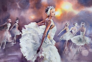 Painting titled "«Swan Lake»" by Oxana Luky, Original Artwork, Watercolor
