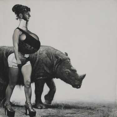 Schilderij getiteld "Rhinocéros de Sumat…" door Nicolas Gey, Origineel Kunstwerk, Acryl Gemonteerd op Frame voor houten bran…
