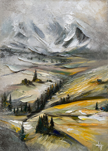 FIELDS IN THE MOUNTAINS 绘画 标题为“FIELDS IN THE MOUNT…” 由Anna Gurechkina, 原创艺术品, 油 安装在木质担架架上
