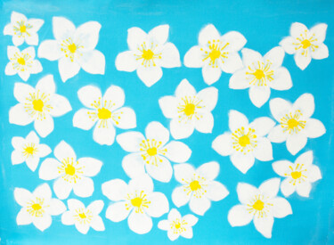 White spring flowers on trees (cherry, apple) on blue 绘画 标题为“White spring flower…” 由Irina Afonskaya, 原创艺术品, 丙烯