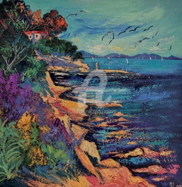 Painting titled "Les roches rouges s…" by Milorv, Original Artwork, Oil Mounted on Wood Stretcher frame