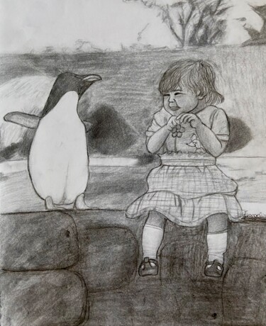 Drôle de rencontre (My New Friend is the Penguin) Drawing titled "Drôle de rencontre…" by Evangelina, Original Artwork, Charcoal