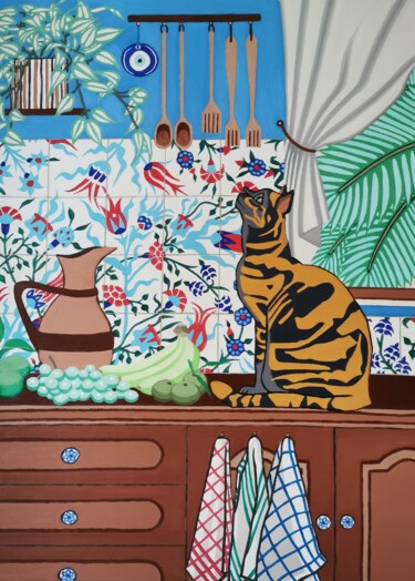 Le Chat et la Cruche Peinture intitulée "Le Chat et la Cruche" par Marina Uman, Œuvre d'art originale, Huile Monté sur Châssis en bois