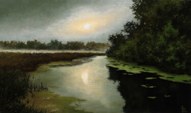 Painting titled "At down" by Oleg Baulin, Original Artwork, Oil Mounted on Wood Stretcher frame