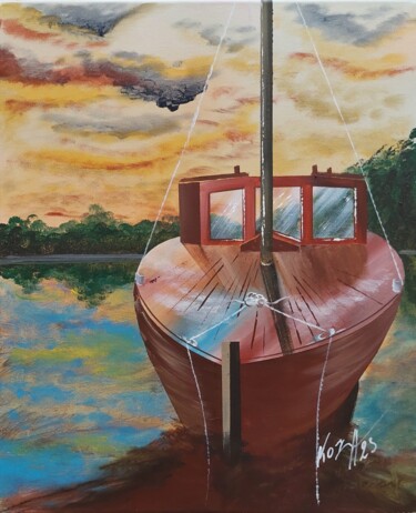 Malerei mit dem Titel "Sur le pont" von Pascal Koza, Original-Kunstwerk, Acryl Auf Keilrahmen aus Holz montiert