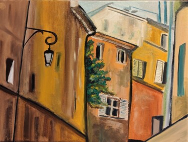 Painting titled "Une rue à Aix" by François Van Hemelryck, Original Artwork, Oil Mounted on Wood Stretcher frame