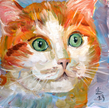 Cute Cat With Green Eyes 绘画 标题为“Cute Cat With Green…” 由Lada Kholosho, 原创艺术品, 油 安装在纸板上