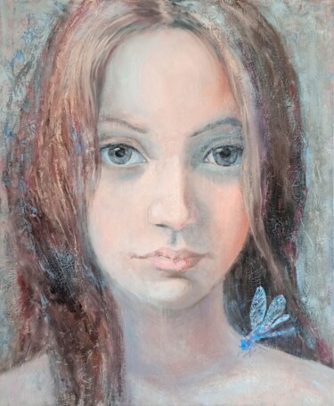 Blue Dragonfly flight Painting titled "Blue Dragonfly flig…" by Alyona Masterkova, Original Artwork, Oil Mounted on Wood Stretcher frame