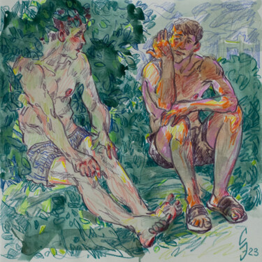 Rysunek zatytułowany „Friends in the mids…” autorstwa Sergey Sovkov, Oryginalna praca, Conté