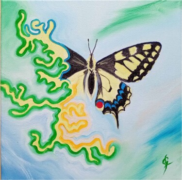 Painting titled "Médecine du Papillon" by Sange, Original Artwork, Oil