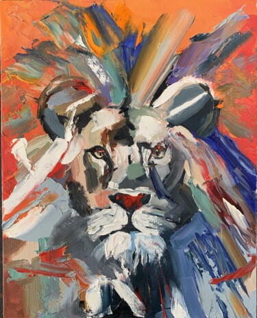 Lion on red. Original oil painting. 绘画 标题为“Lion on red. Origin…” 由Vita Schagen, 原创艺术品, 油 安装在纸板上