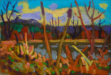 Painting titled "Lake in spring" by Mykola Kozlovskyi, Original Artwork, Oil