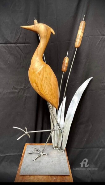Sculpture intitulée "Héron parmis les ro…" par Karine Verdier, Œuvre d'art originale, Bois
