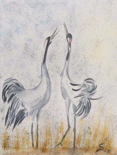 Malerei mit dem Titel "tanzende Kraniche" von Stefan Dhein, Original-Kunstwerk, Aquarell