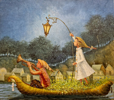 Painting titled "People of the light_" by Remigijus Januskevicius, Original Artwork, Oil Mounted on Wood Stretcher frame