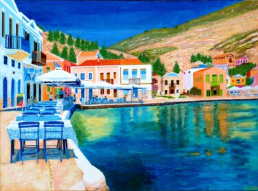Kastellórizo - Port île grecque Peinture intitulée "Kastellórizo - Port…" par Pascal Poutchnine, Œuvre d'art originale, Acrylique Monté sur Châssis en bois