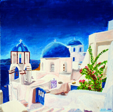 Santorin, les 3 dômes bleus Peinture intitulée "Santorin, les 3 dôm…" par Pascal Poutchnine, Œuvre d'art originale, Acrylique Monté sur Métal